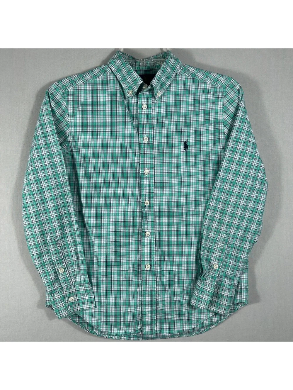 Polo Ralph Lauren Boys Shirt M 10-12 Plaid Button Down L. Sleeve Green/Blue/Pink